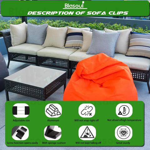 Outdoor wicker patio set with Tough As Nails Heavy Duty Outdoor Furniture Clips ensuring stability and preventing couch shifting.