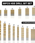GMTOOLS 99-piece HSS drill bit set with titanium coating in hard storage, front view