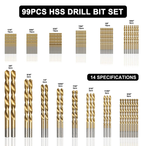 GMTOOLS 99-piece HSS drill bit set with titanium coating in hard storage, front view
