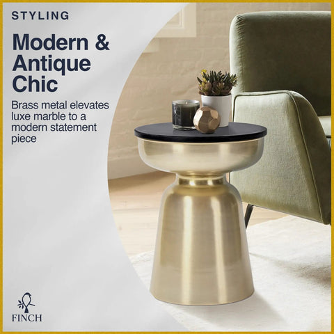 Hourglass Accent Side Table With Natural Granite Top And Brushed Brass Base, 16 Inch, shown in modern living room setting