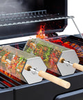 Rolling Grill Basket With Removable Beech Wood Handle 304 Stainless Steel Construction Nesting Grill Gear on BBQ