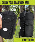 Heavy Duty Arborist Rope Bag 35L Bucket Backpack with side pockets, black 1000 denier fabric, shown carried outdoors
