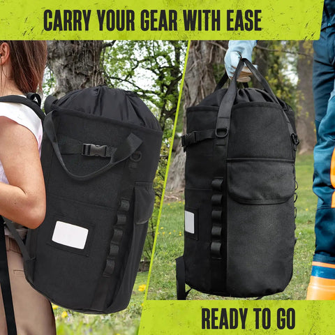 Heavy Duty Arborist Rope Bag 35L Bucket Backpack with side pockets, black 1000 denier fabric, shown carried outdoors