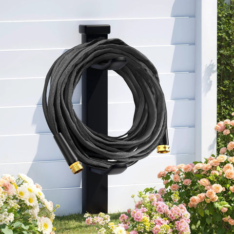 Haeteir 100ft non-expanding garden hose, black with brass connectors, coiled on wall-mount hanger