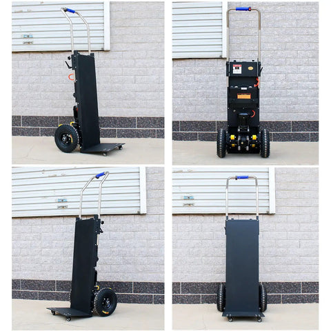 Ultra Heavy Duty Electric Stair Climbing Dolly Handles Up To 880 Pounds With Smooth Stepless Speed Control For Tough Jobs And Easy Moves Without The Sweat, shown in various angles.