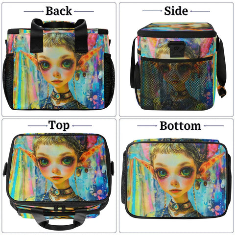 Back, side, top, and bottom views of Insulated Picnic Backpack Lunch Box Tote For Women And Men, colorful elf design, 12x8.7x10 in