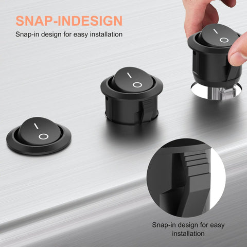 10 Pack KCD1 Mini Round Rocker Switches SPST On Off Snap In With 200mm Pre Wired Wires For Car Boat Auto Use 2 Pin Mount 6A 250V 10A 125V 12V DC Nylon PA66 Durable Tough, snap-in panel install