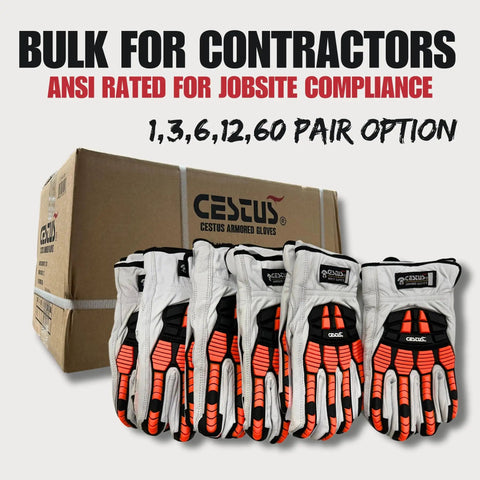 Box of Cestus Armored Gloves with multiple pairs of Goatskin Leather Impact Work Gloves ANSI Cut A5 Heavy Duty Gloves for Construction