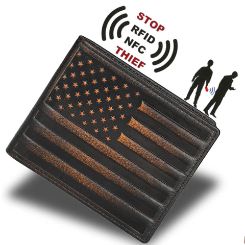 USA Flag Bifold Wallet For Men With RFID Blocking Full Grain Leather Hand Burnished Design showing RFID protection