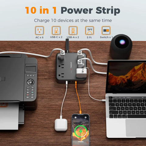 Heavy Duty Surge Protector Power Strip With An Incredibly Flat Plug 5 Foot Extension Cord In Black charging multiple devices