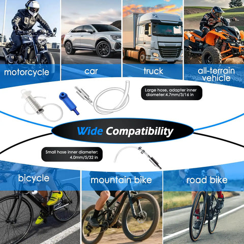 Collage showcasing compatibility of One Way Brake Bleeder Kit With 100ml Syringe And 50cm Hose for various vehicles.