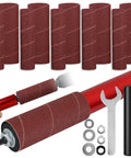 Handheld Rubber Sanding Drum Set With 120 Grit Sleeves showing sanding sleeves, spindle, and additional hardware for DIY projects.