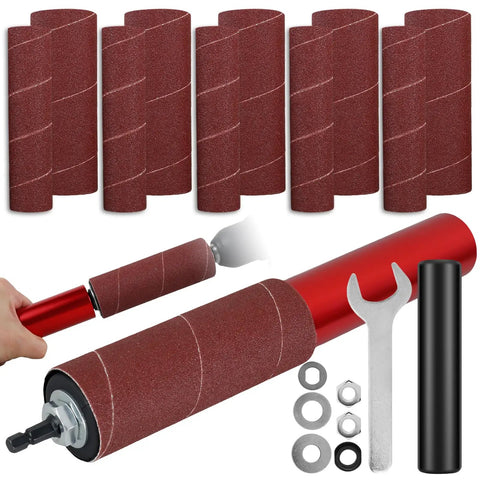 Dang Solid Knockout Portable Drill Drum Sander Kit with quick swap sanding sleeves and tools, ideal for efficient sanding tasks.