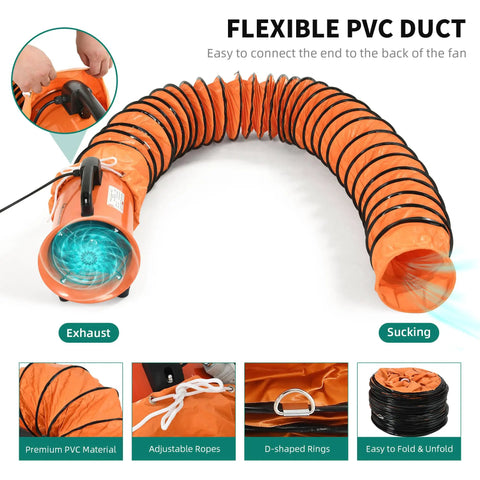 Beefy Industrial Portable Air Blower Fan With 16Ft Duct Hose 8 Inch Heavy Duty Cylinder Axial Fan showing flexible PVC duct features