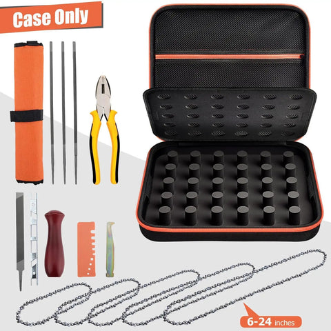 Heavy Duty Chainsaw Chain Storage Case Organizer For 6 To 12 Chains And File Kit Accessories shown open with tools and chains.