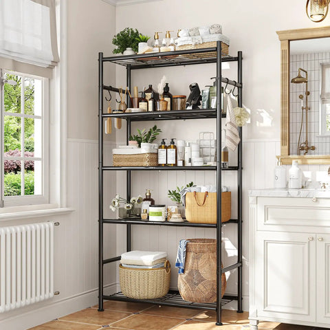 Rock Solid 5 Tier Metal Storage Shelf Heavy Duty Vertical Shelving Unit With Hooks 33.5 Inch Wide Anti Rust Finish Holds 1000 Lbs Built Tough For Garage Closet And Bedroom Total Organization Game Changer