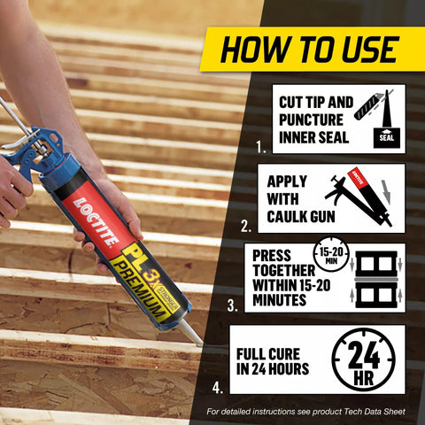 Premium Polyurethane Construction Adhesive 10 Fl Oz Cartridge 1 Pack 3X Stronger Bond application instructions on wood surface