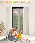 Magnetic Screen Door For Doors Up To 37 By 82 Inches, self sealing mesh installed in bright room with child and adult playing indoors.