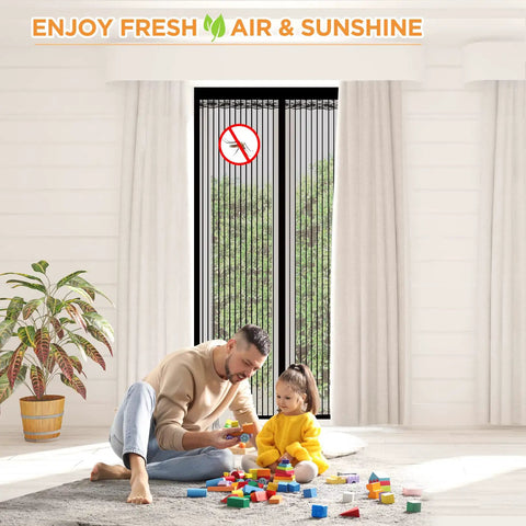 Magnetic Screen Door For Doors Up To 37 By 82 Inches, self sealing mesh installed in bright room with child and adult playing indoors.