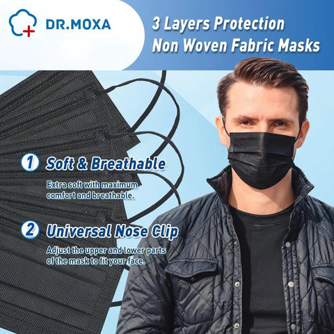 Man wearing Black 3 Layer Disposable Face Masks Bulk Pack 500 Count ASTM Level 2 Medical Grade Protection Soft Elastic Earloops