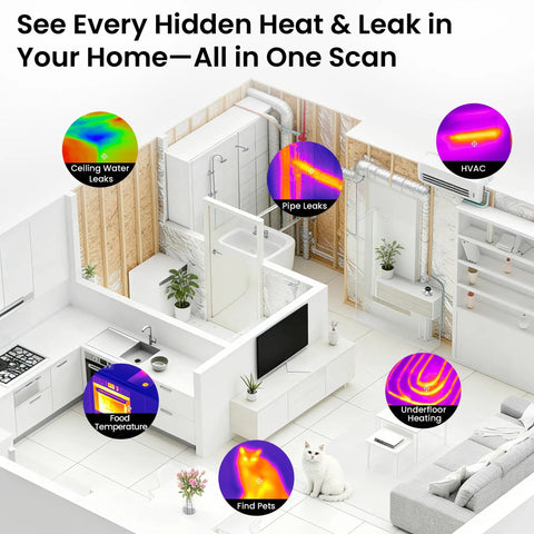 Infrared Thermal Camera For Home Inspection 240x240 TISR Sensor Pro Grade 14 Hour Battery 25Hz Handheld Thermal Imager With 50 Degree FOV For Water Leaks HVAC And Electrical Inspections showing various home inspection applications.