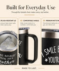 Bro Approved 20oz Stainless Steel Insulated Coffee Mug With Sweet Quote features splash-resistant lid and comfortable handle.