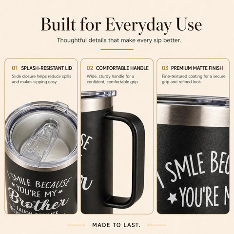 Bro Approved 20oz Stainless Steel Insulated Coffee Mug With Sweet Quote features splash-resistant lid and comfortable handle.