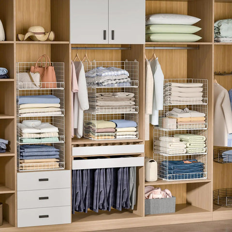 Stackable Closet Organizers And Foldable Storage Baskets Keep Your Wardrobe Looking Slick With These Spacious Clothes Drawer Bins In Fresh White showing a tidy closet with mesh organizers.