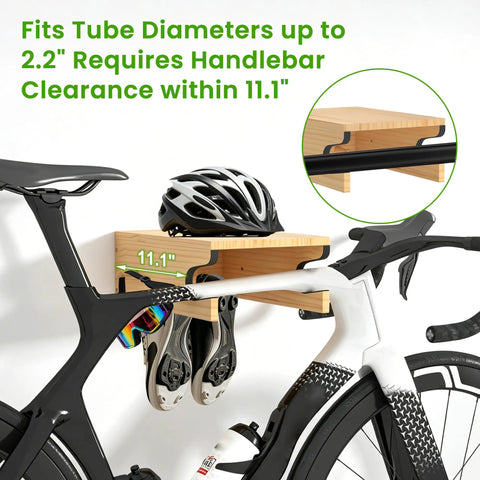 Wood Bike Wall Mount With Shelf And Hooks, All In One Road Bike Storage Rack For Helmets, Shoes, Gloves, Goggles, And Gear in use