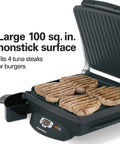 Hamilton Beach Steak Lover Electric Indoor Grill, Nonstick Surface Cooking 100 Square Inches, cooking 4 tuna steaks on grill.