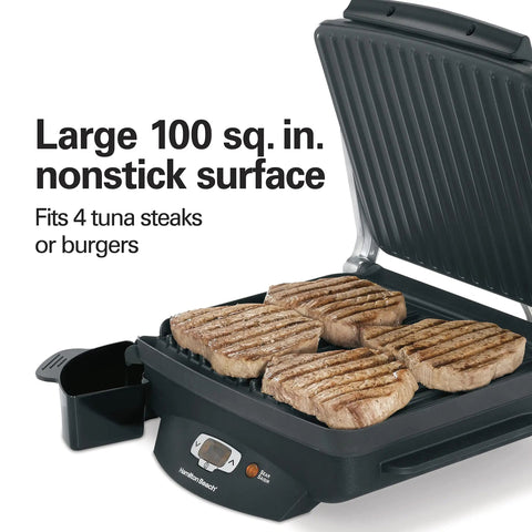 Hamilton Beach Steak Lover Electric Indoor Grill, Nonstick Surface Cooking 100 Square Inches, cooking 4 tuna steaks on grill.