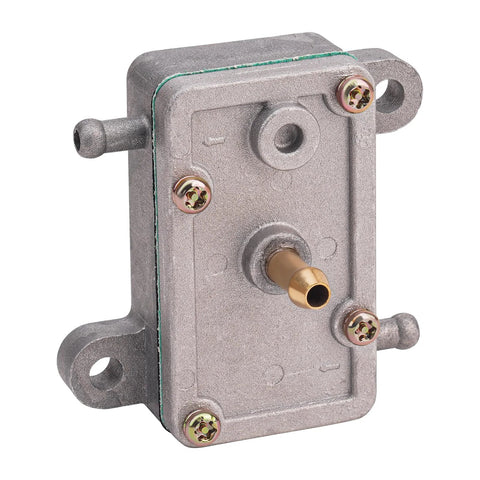 AHL fuel pump for small engines, front view; metal housing with brass outlet and green gasket