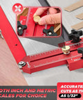Front view Saker red thin rip jig for table saw with inch/metric scales, fits 3/4 x 3/8 slots, black knobs