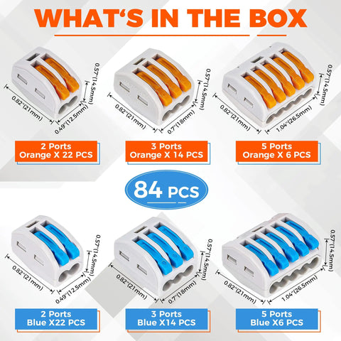 84-Piece Lever Wire Connectors Kit For Quick, Safe Wiring And Easy DIY Runs shown with 2, 3, 5 port connectors in orange and blue
