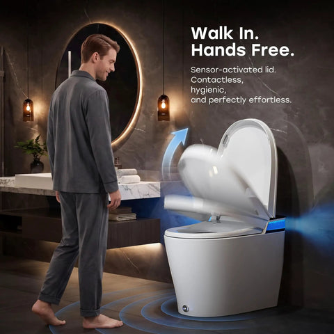 Sleek Sensor Activated Smart Toilet With Built In Bidet Pump And Self Cleaning Deodorizer Featuring Heated Seat And Smooth Flushing Action straight up with sensor lid.