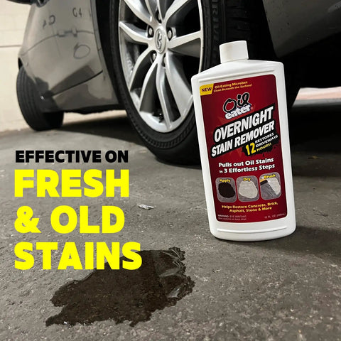 Oil Stain Be Gone Overnight Cleaner For Concrete Driveways Pavers And Garage Floors With Oil Eating Microbes next to car tire