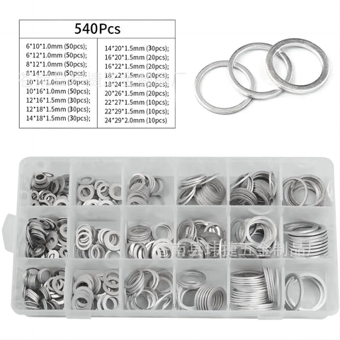 540 Piece Aluminum Crush Washer Set For Automotive Oil Drain Plugs, 10 Metric Sizes M6 To M24, Durable Silver Assortment For DIYers