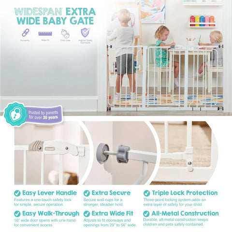 Extra Wide Baby Gate For Doorways And Stairs 29 To 56 Inches, Pressure Mounted Safety Gate For Babies Toddlers And Pets, image showing children playing behind gate with features highlighted below.