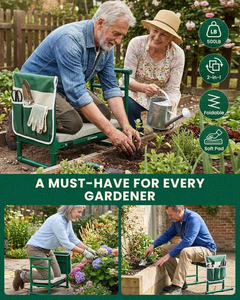 Elderly couple using Beefy 500LB Capacity Garden Kneeler And Seat Two In One Garden Bench Foldable Stool in a garden setting.