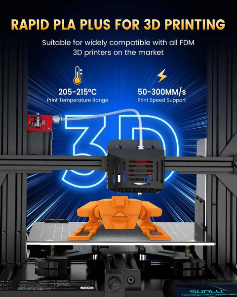 3D printer displaying PLA Plus 2.0 filament, 205-215°C, 50-300mm/s speed, for PLA Plus 2.0 1.75mm Filament Bundle, 4 Spools