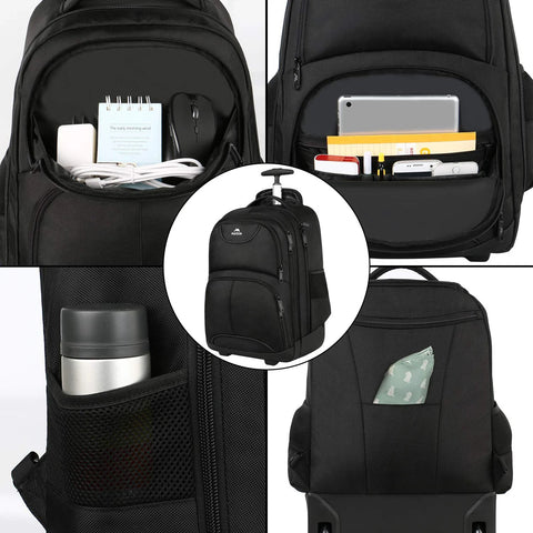 Rolling Laptop Backpack With Wheels 17 Inch Water Resistant Carry On Luggage showcasing compartments for organized travel storage