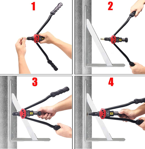 Step-by-step use of 16 Inch Hand Rivet Nut Tool Kit With 13 Mandrels And 125 Rivet Nuts Pro Grade Setter shown on metal bracket.