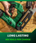 18 Volt Cordless Brushless 16 Gauge Finish Nailer Kit with 2.0Ah Battery, green handheld tool on a wooden surface