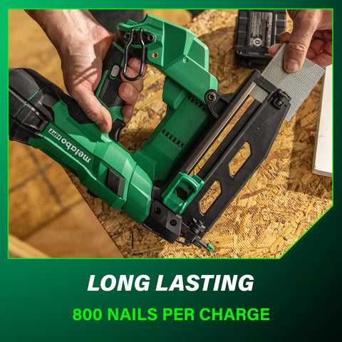 18 Volt Cordless Brushless 16 Gauge Finish Nailer Kit with 2.0Ah Battery, green handheld tool on a wooden surface