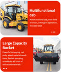 Compact Four Wheel Drive Backhoe Loader Tractor Mounted Digger With Versatile Attachments for rural use on concrete road.