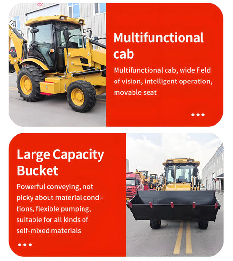 Compact Four Wheel Drive Backhoe Loader Tractor Mounted Digger With Versatile Attachments for rural use on concrete road.