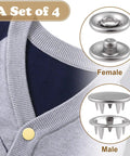 Set of 4 9.5mm alloy snap buttons on fabric, male and female pieces visible, part of 200 Pieces 9.5mm Alloy Snap Button Kit For Fabric Sewing Colorful Fasteners For Clothing Hats And DIY Crafts Easy Install Durable Rust Resistant Alloy Snaps Great For Upcycling Garments And DIY Projects