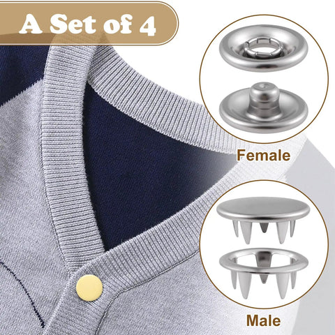 Set of 4 9.5mm alloy snap buttons on fabric, male and female pieces visible, part of 200 Pieces 9.5mm Alloy Snap Button Kit For Fabric Sewing Colorful Fasteners For Clothing Hats And DIY Crafts Easy Install Durable Rust Resistant Alloy Snaps Great For Upcycling Garments And DIY Projects