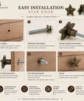 Installation steps for Star Shaped Antique Brass Cabinet Knob Drawer Pulls 2 Pack for Rustic Kitchen Cabinets and Dressers, Old West Farmhouse Vibe.