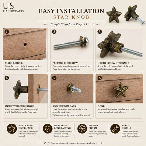 Installation steps for Star Shaped Antique Brass Cabinet Knob Drawer Pulls 2 Pack for Rustic Kitchen Cabinets and Dressers, Old West Farmhouse Vibe.